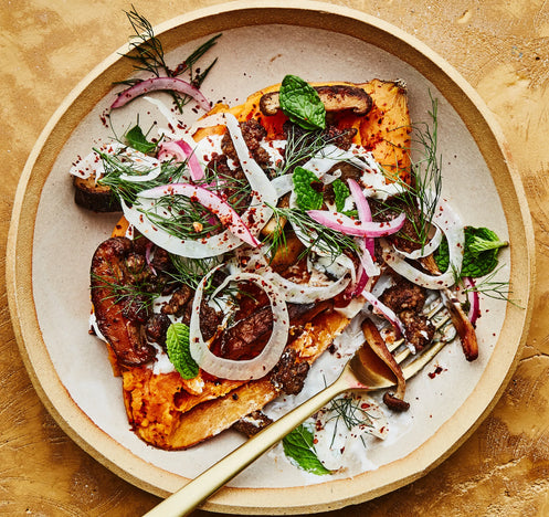 Sweet Potato Bowls With Spiced Lamb and Mushrooms